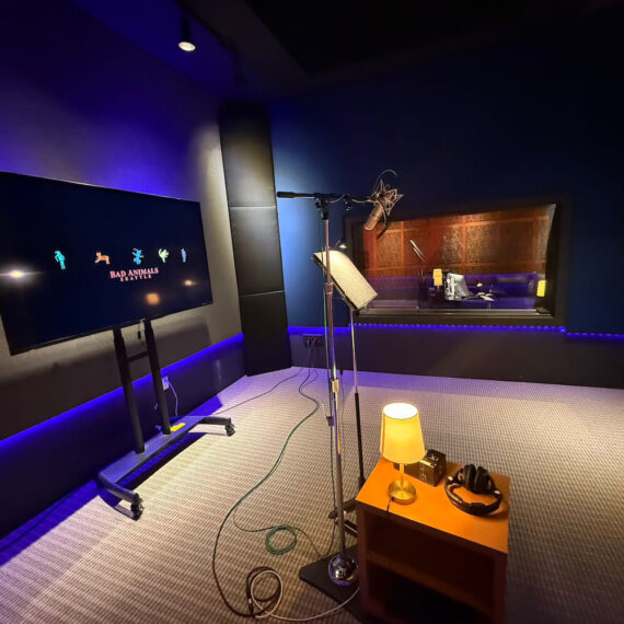 Remote voice recording studio with camera streaming, 70 inch HD LCD TV, and microphones for voiceover, ADR, and dialogue recording